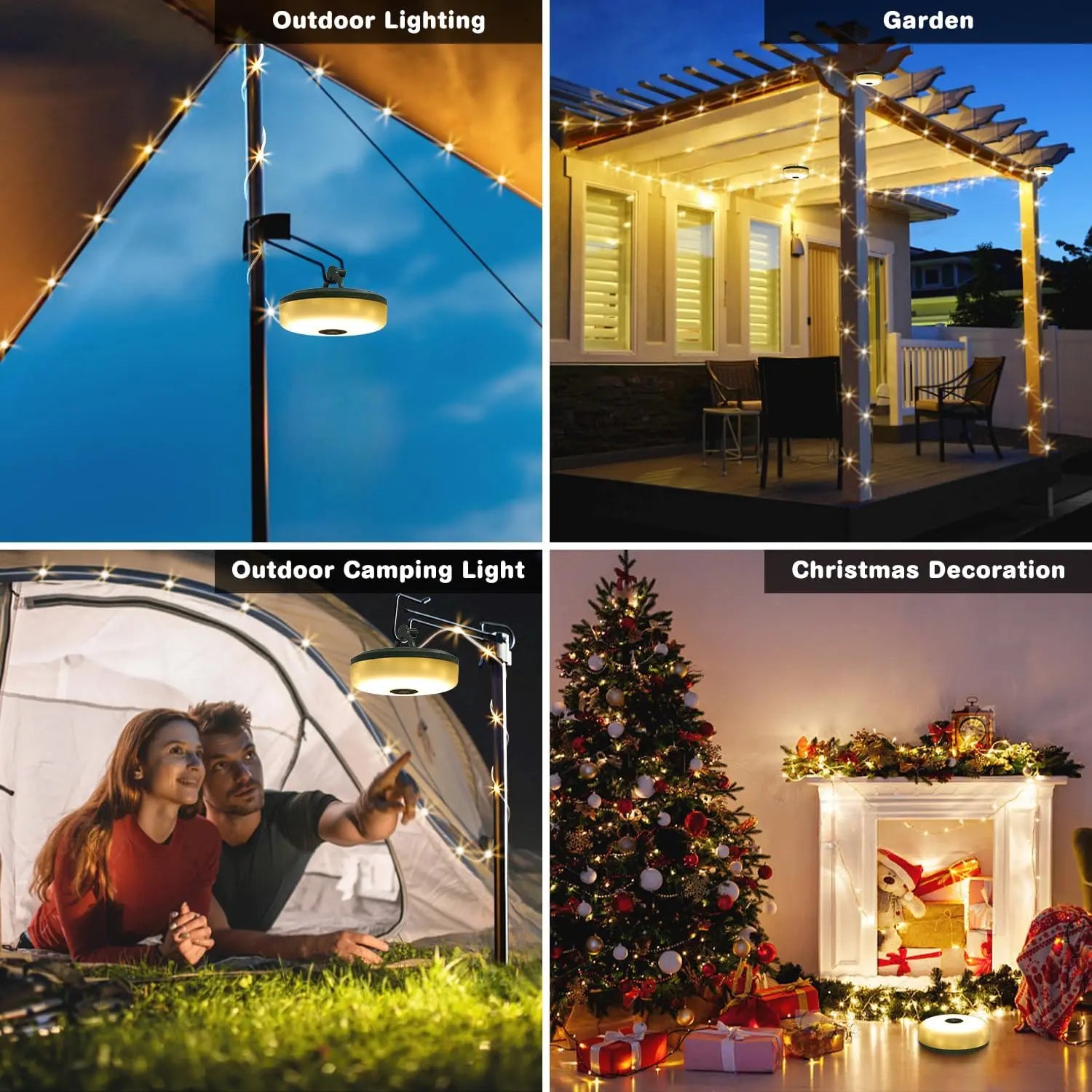 Collection of fun and functional camping string lights with thematic shapes like stars and lanterns, suitable for party atmospheres.