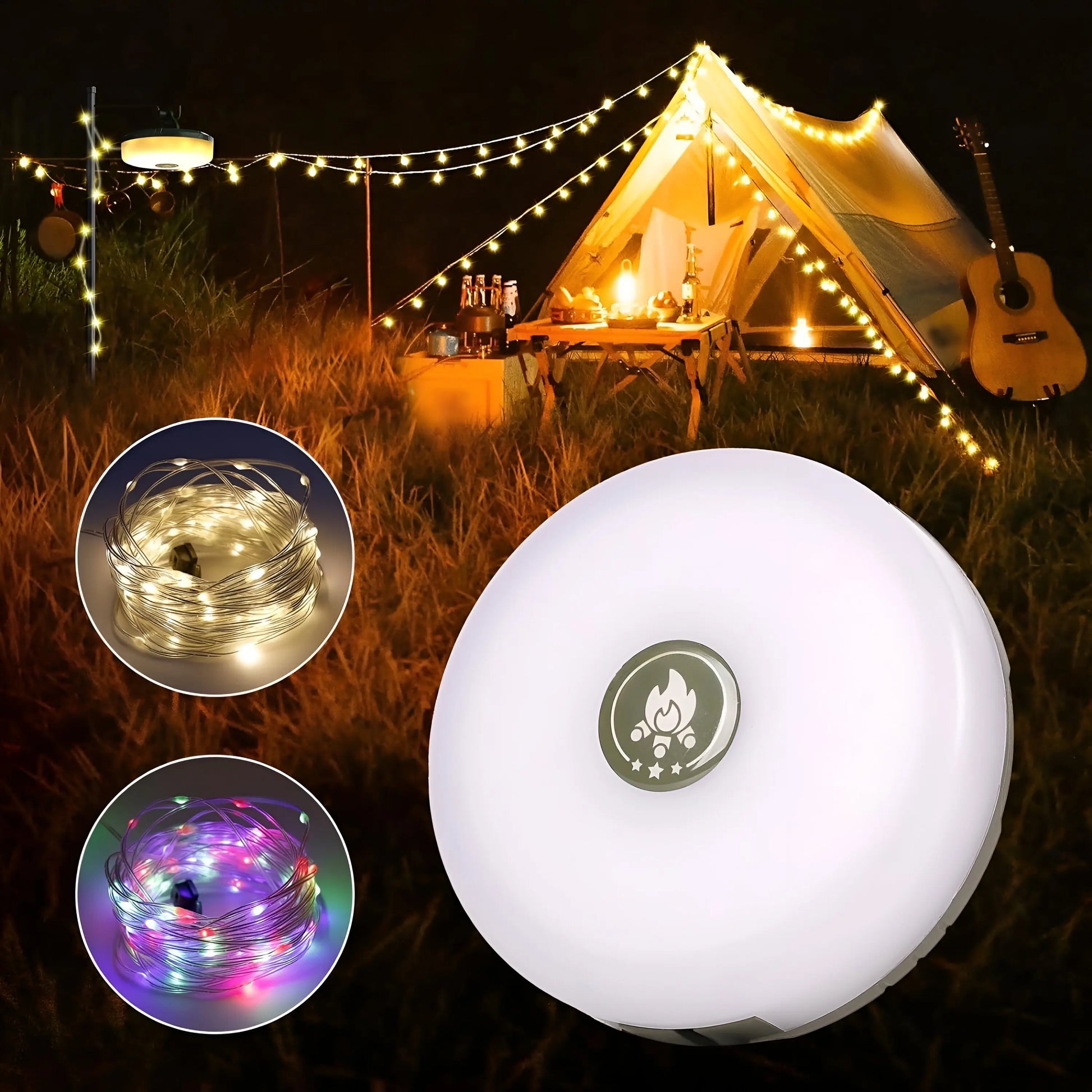 Guidebook cover featuring a variety of camping string lights with LED bulbs suitable for outdoor use, emphasizing durability and weather resistance.